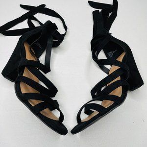 Torrid Black Ankle Wrap Cone Heel Sandals Size 12 Wide Width Faux Suede